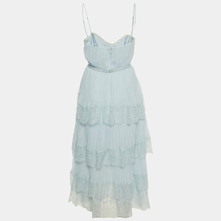 Pre Owned Self-Portrait Blue Chiffon & Lace Tiered Midi Dress M