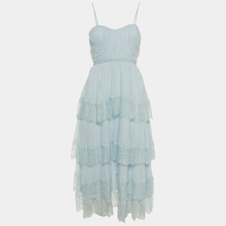 Pre Owned Self-Portrait Blue Chiffon & Lace Tiered Midi Dress M