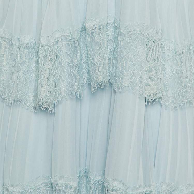 Pre Owned Self-Portrait Blue Chiffon & Lace Tiered Midi Dress M