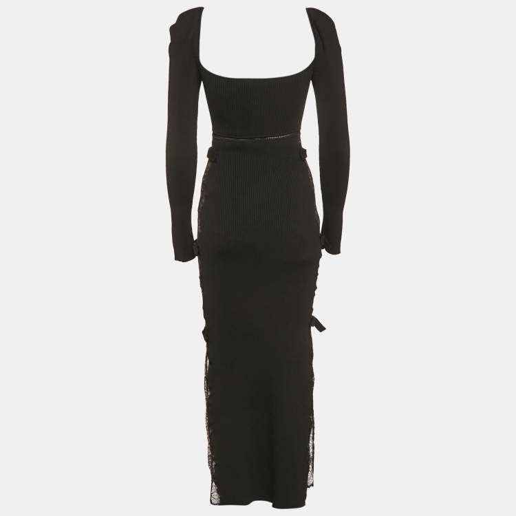 Pre Owned Self-Portrait Black Rib Knit and Lace Midi Dress M