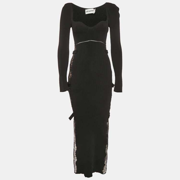 Pre Owned Self-Portrait Black Rib Knit and Lace Midi Dress M