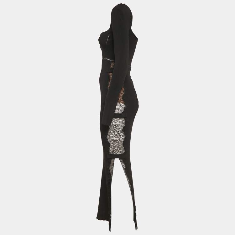 Pre Owned Self-Portrait Black Rib Knit and Lace Midi Dress M