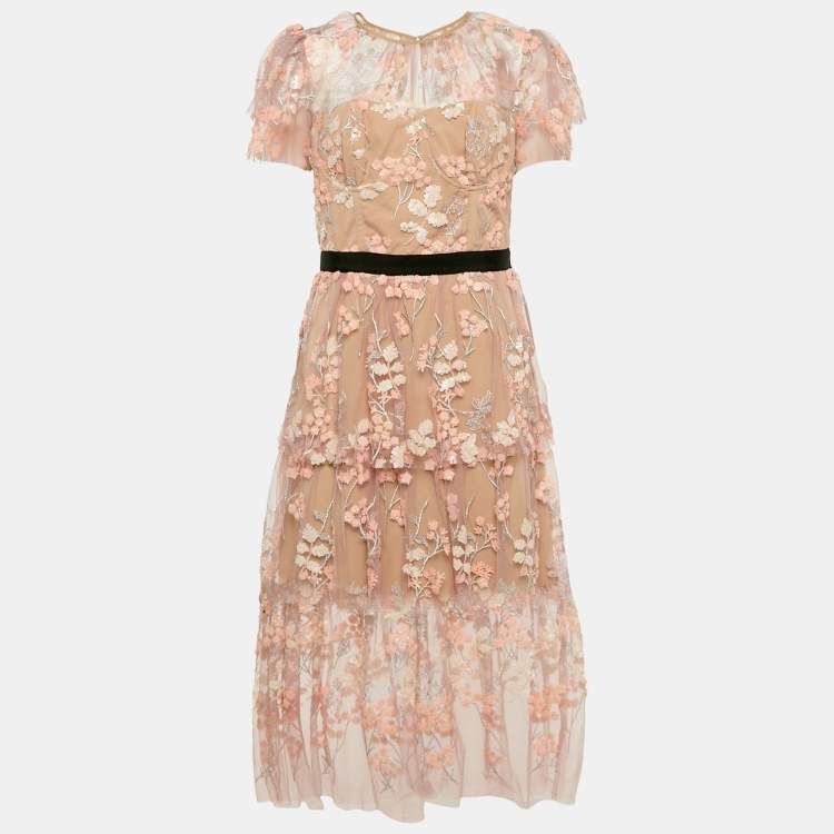 Pre Owned Self-Portrait Light Pink Embroidered Tulle Tiered Midi Dress M