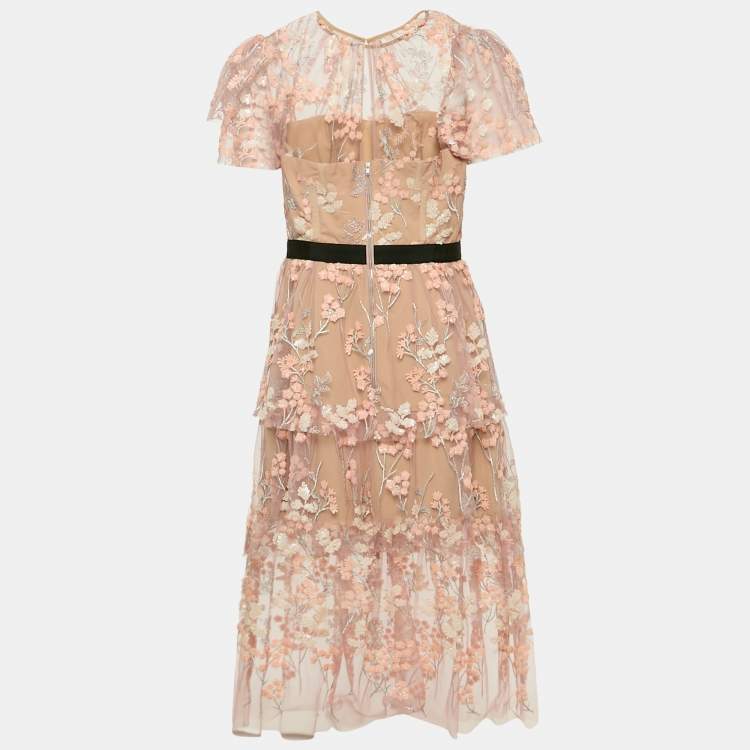 Pre Owned Self-Portrait Light Pink Embroidered Tulle Tiered Midi Dress M