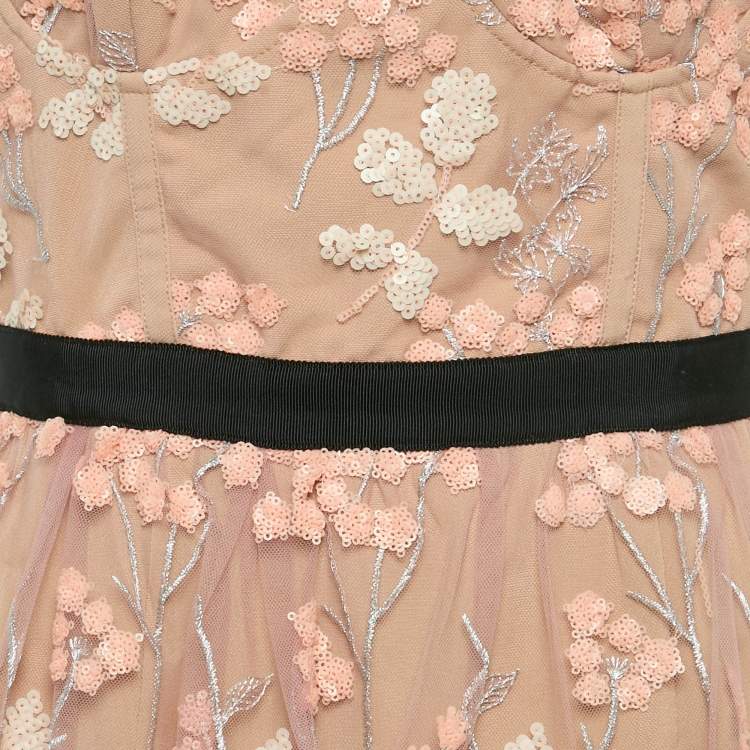 Pre Owned Self-Portrait Light Pink Embroidered Tulle Tiered Midi Dress M