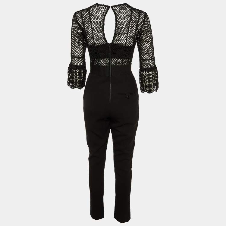 Pre Owned Self-Portrait Black Lace & Cady Tie Up Jumpsuit S