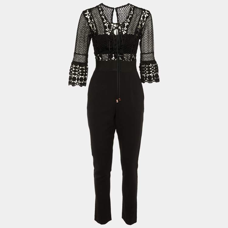Pre Owned Self-Portrait Black Lace & Cady Tie Up Jumpsuit S