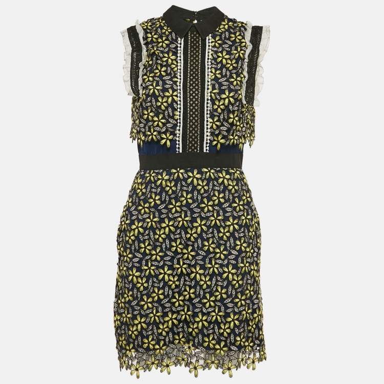 Pre Owned Self-Portrait Blue/Yellow Floral Lace Open Back Mini Dress S