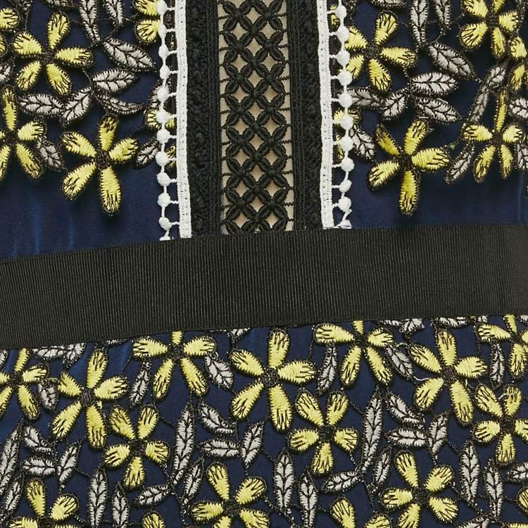 Pre Owned Self-Portrait Blue/Yellow Floral Lace Open Back Mini Dress S