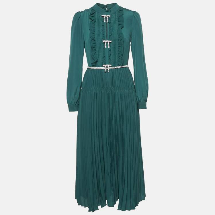 Pre Owned Self-Portrait Green Crystal Embellished Crepe Pleated Midi Dress M
