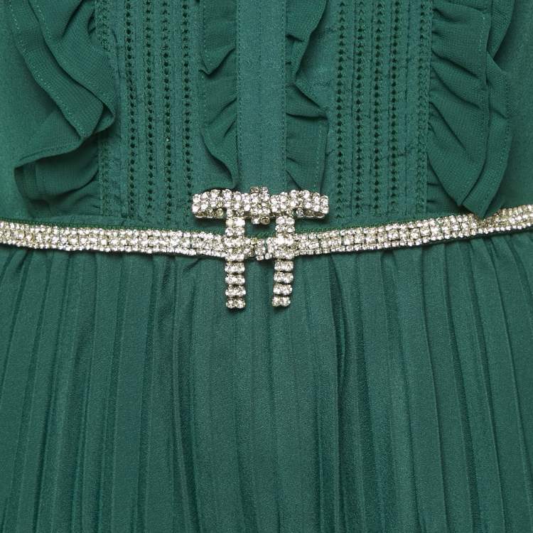 Pre Owned Self-Portrait Green Crystal Embellished Crepe Pleated Midi Dress M