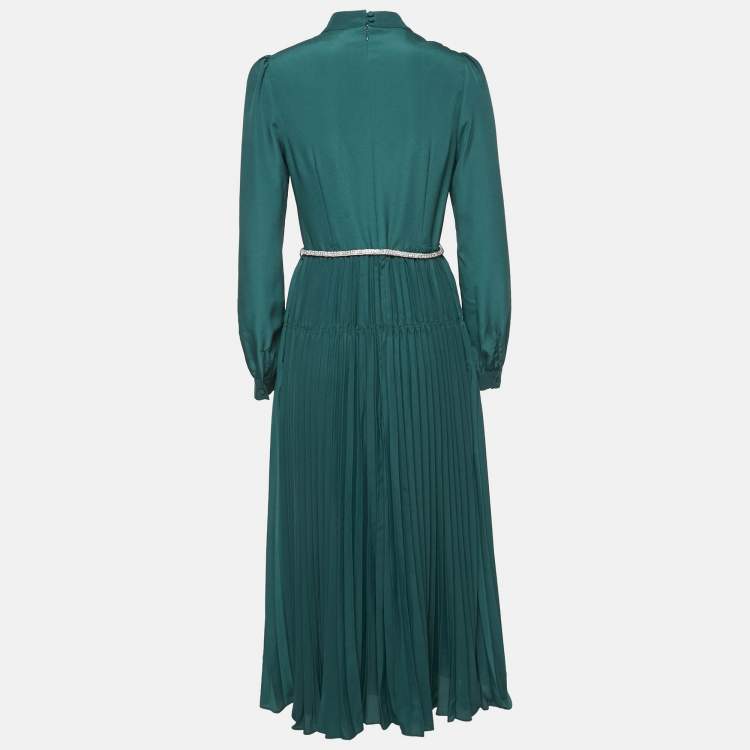 Pre Owned Self-Portrait Green Crystal Embellished Crepe Pleated Midi Dress M