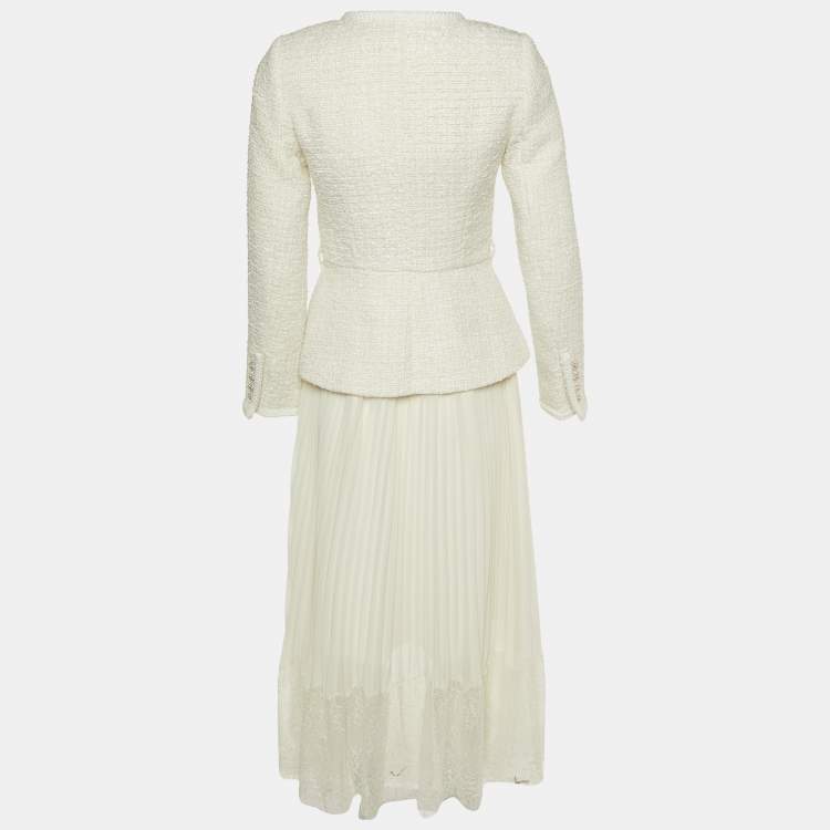 Pre Owned Self-Portrait White Tweed & Crepe Tailored Midi Dress S