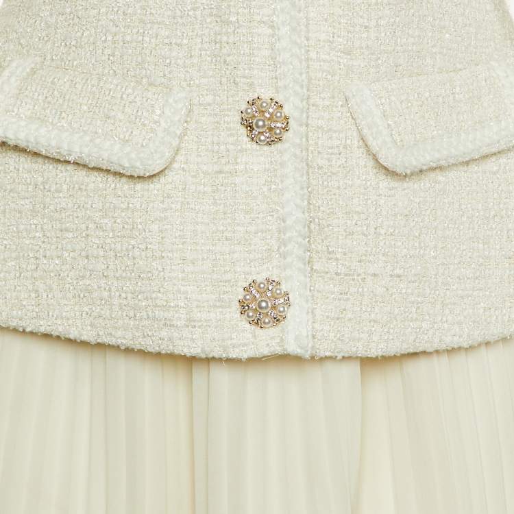 Pre Owned Self-Portrait White Tweed & Crepe Tailored Midi Dress S
