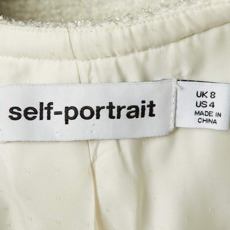 Pre Owned Self-Portrait White Tweed & Crepe Tailored Midi Dress S