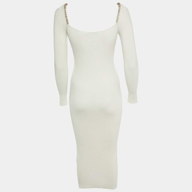 Pre Owned Self-Portrait White Knit Diamante Midi Dress S