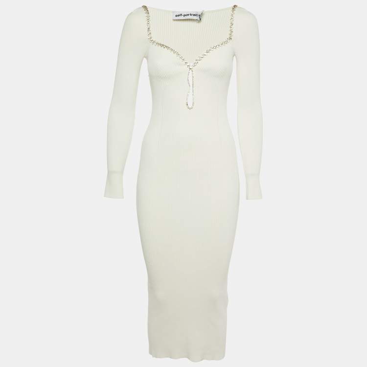 Pre Owned Self-Portrait White Knit Diamante Midi Dress S