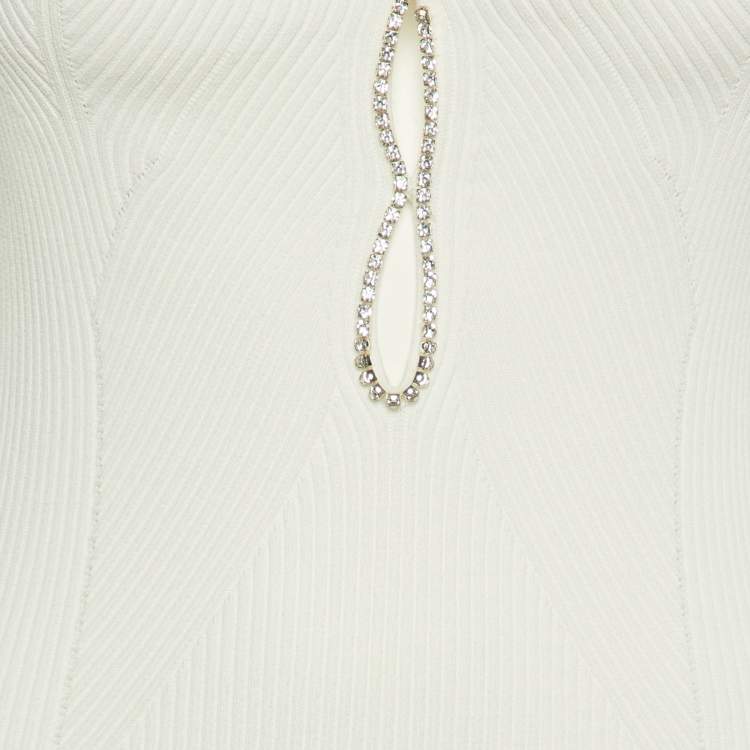 Pre Owned Self-Portrait White Knit Diamante Midi Dress S