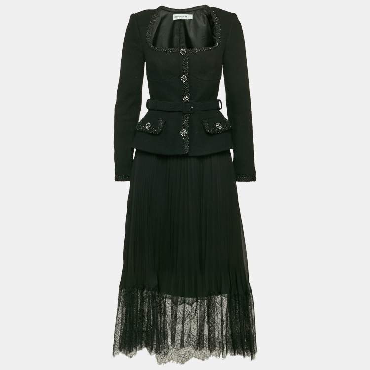 Pre Owned Self-Portrait Black Tweed and Chiffon Pleated Tailored Bodice Midi Dress M