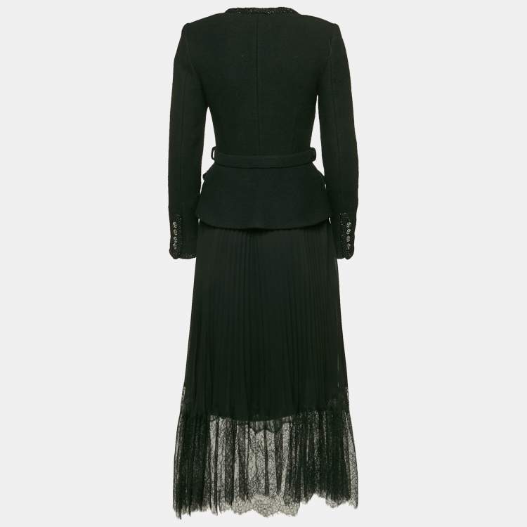 Pre Owned Self-Portrait Black Tweed and Chiffon Pleated Tailored Bodice Midi Dress M