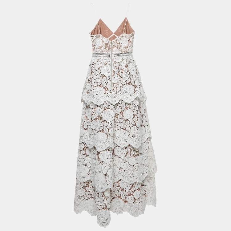 Pre Owned Self-Portrait White Floral Lace Tiered Maxi Dress M