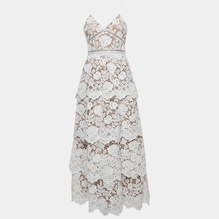 Pre Owned Self-Portrait White Floral Lace Tiered Maxi Dress M