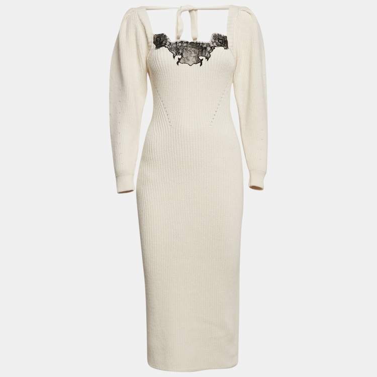 Pre Owned Self-Portrait Ivory Rib Knit Lace Trim Puff Sleeve Midi Dress S