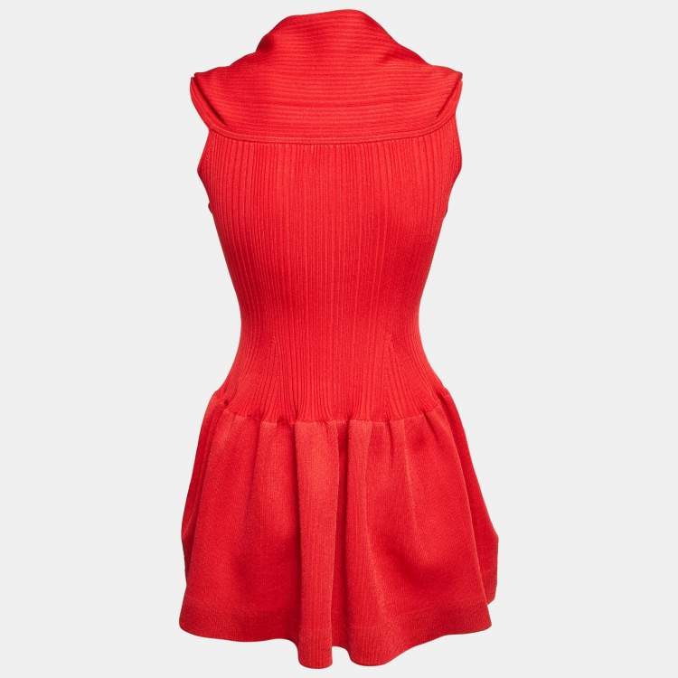 Pre Owned Self-Portrait Red Rib Knit Bow Detail Sleeveless Mini Dress XS