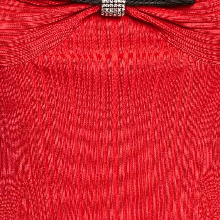 Pre Owned Self-Portrait Red Rib Knit Bow Detail Sleeveless Mini Dress XS