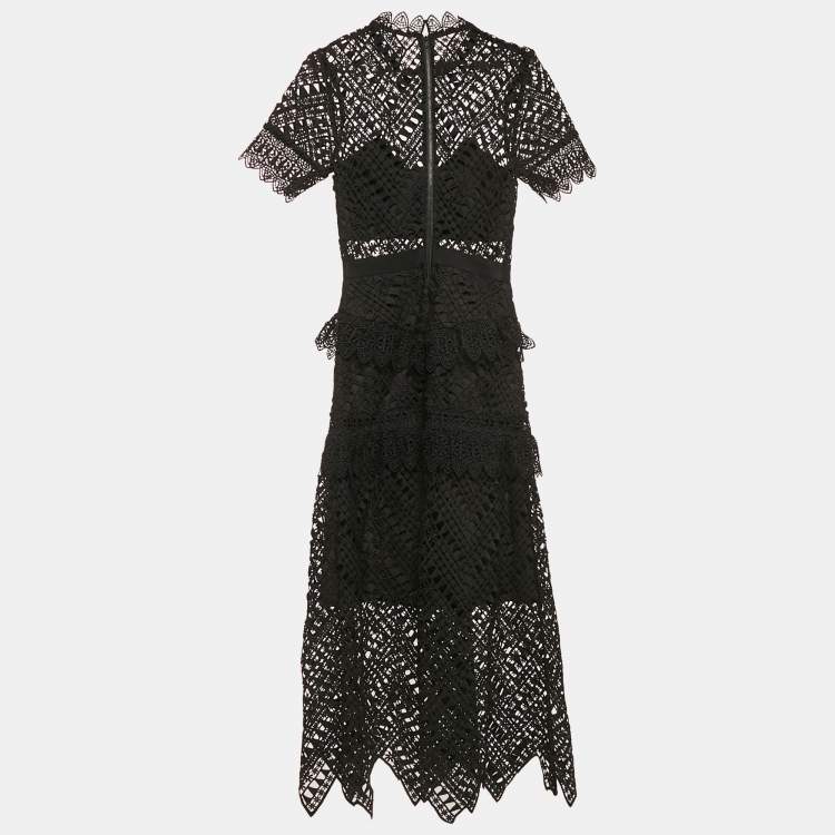 Pre Owned Self-Portrait Black Triangle Lace Tiered Midi Dress S