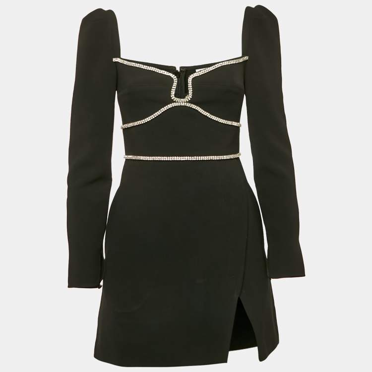 Pre Owned Self-Portrait Black Crepe Crystal Detail Mini Dress S