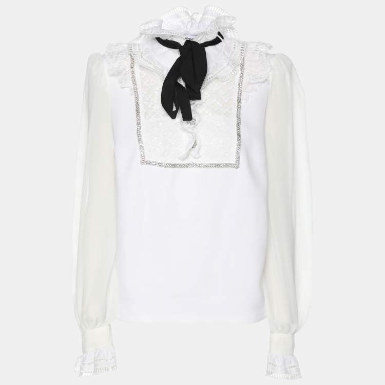 Pre Owned Self-Portrait White Stretch Crepe Tie Neck Top XS
