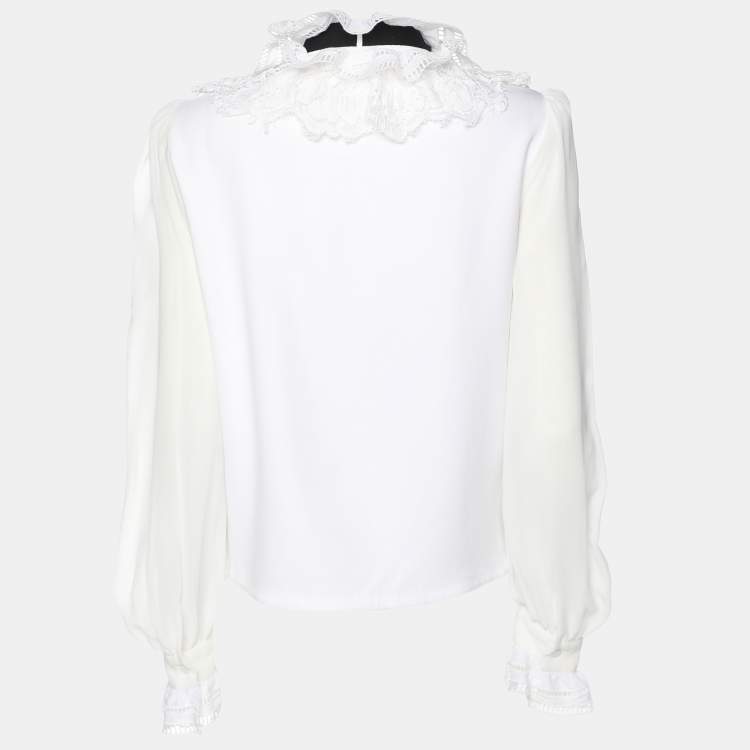 Pre Owned Self-Portrait White Stretch Crepe Tie Neck Top XS