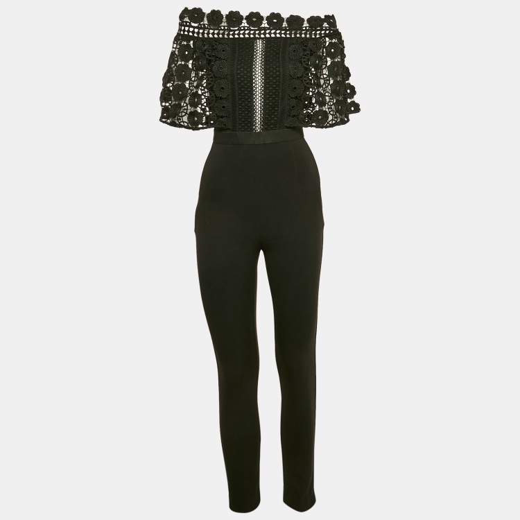 Pre Owned Self-Portrait Black Crepe Lace Overlay Detail Jumpsuit S