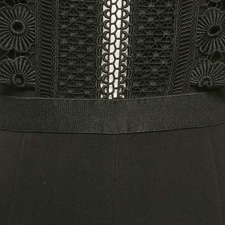 Pre Owned Self-Portrait Black Crepe Lace Overlay Detail Jumpsuit S