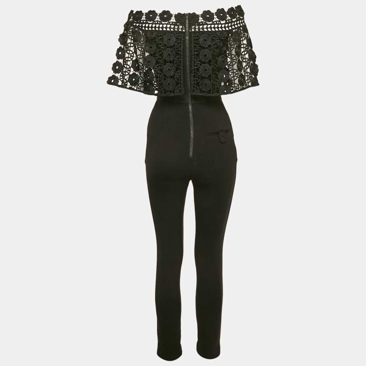 Pre Owned Self-Portrait Black Crepe Lace Overlay Detail Jumpsuit S