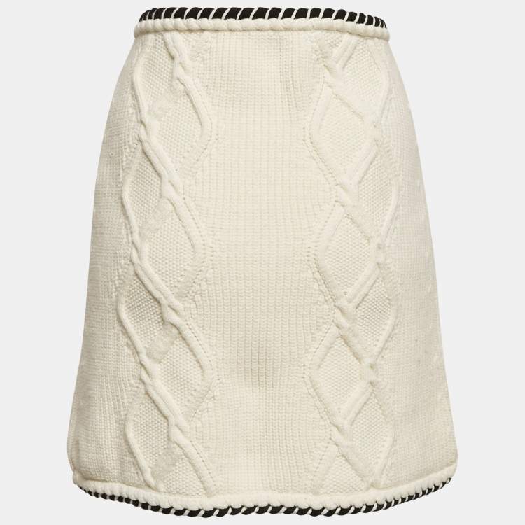 Pre Owned Self-Portrait White Cable Knit Button Detail Mini Skirt L