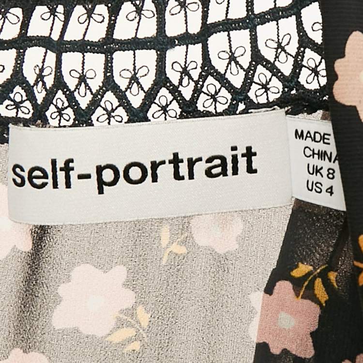 Pre Owned Self-Portrait Black Floral Printed Chiffon & Lace Mini Dress S