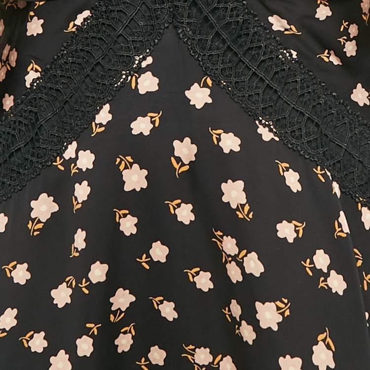 Pre Owned Self-Portrait Black Floral Printed Chiffon & Lace Mini Dress S