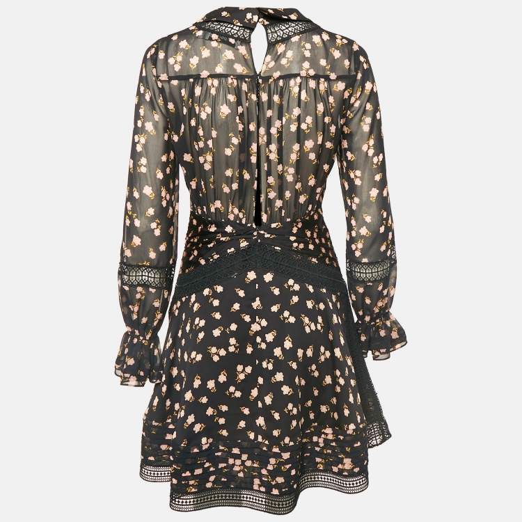 Pre Owned Self-Portrait Black Floral Printed Chiffon & Lace Mini Dress S