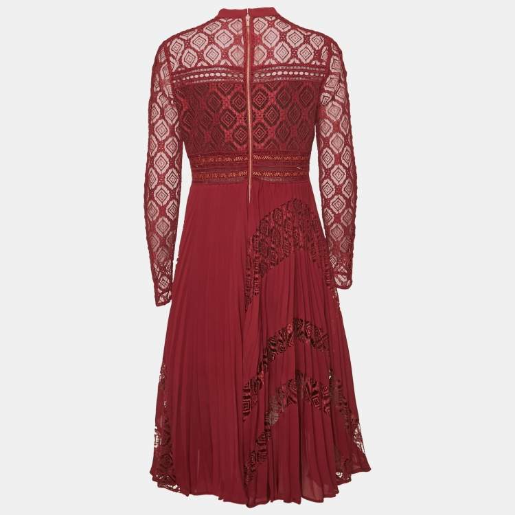 Pre Owned Self-Portrait Burgundy Lace Paneled Plisse Midi Dress L