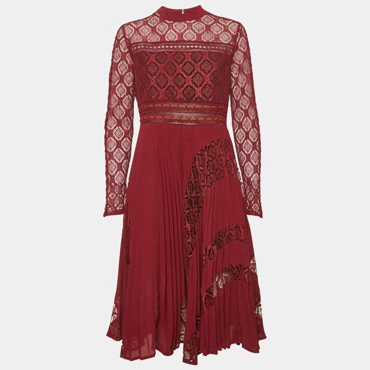 Pre Owned Self-Portrait Burgundy Lace Paneled Plisse Midi Dress L
