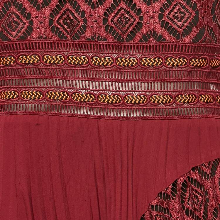Pre Owned Self-Portrait Burgundy Lace Paneled Plisse Midi Dress L