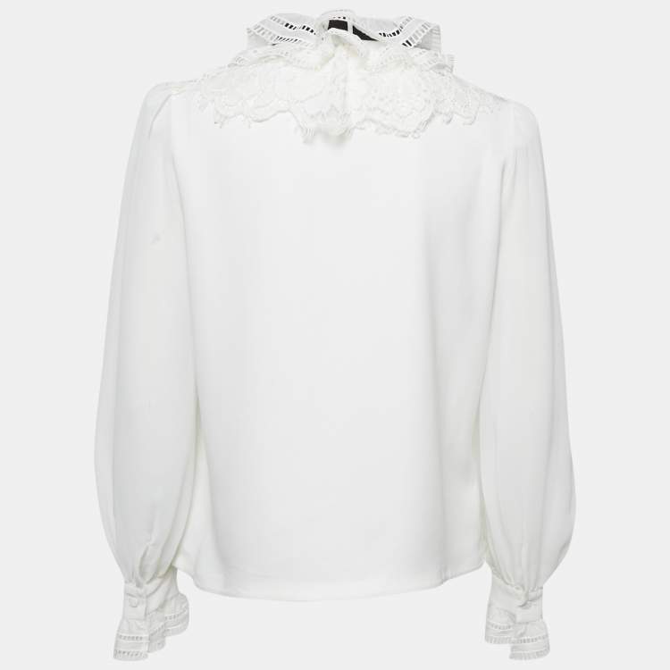 Pre Owned Self-Portrait White Crepe Frilled Collar Pussy Bow Detail Blouse S