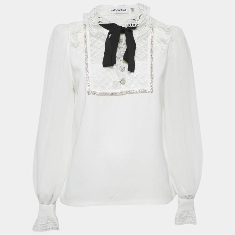 Pre Owned Self-Portrait White Crepe Frilled Collar Pussy Bow Detail Blouse S