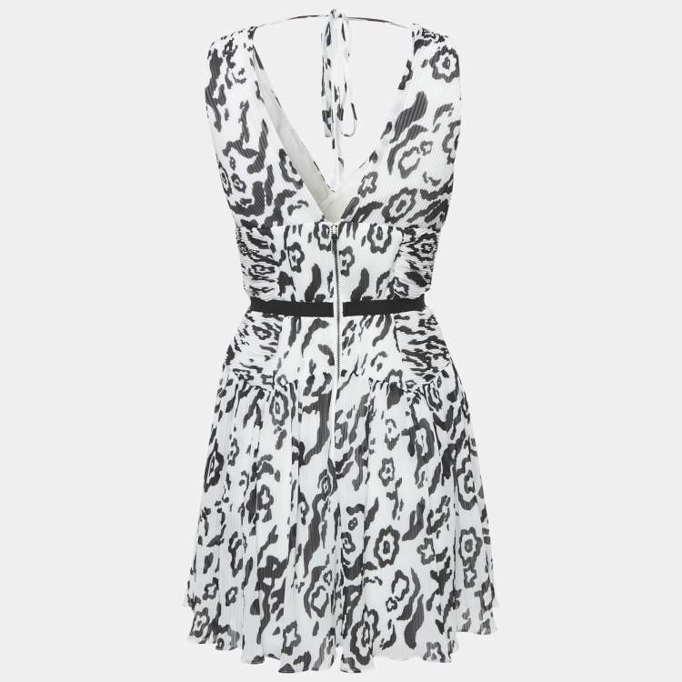 Pre Owned Self-Portrait Monochrome Leopard Printed Plisse Chiffon Sleeveless Mini Dress S