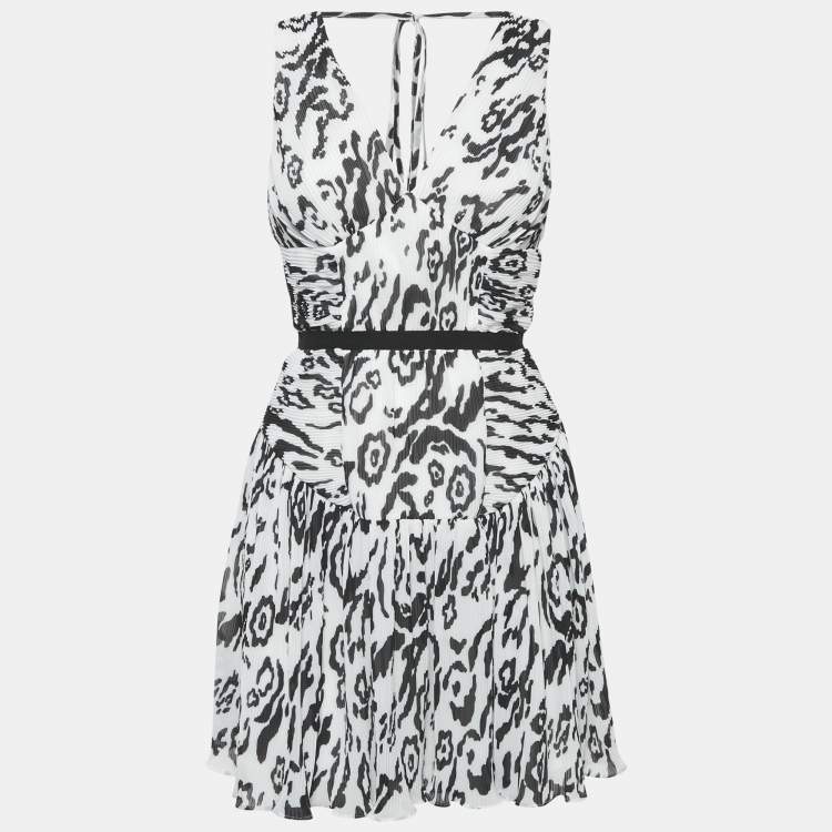 Pre Owned Self-Portrait Monochrome Leopard Printed Plisse Chiffon Sleeveless Mini Dress S