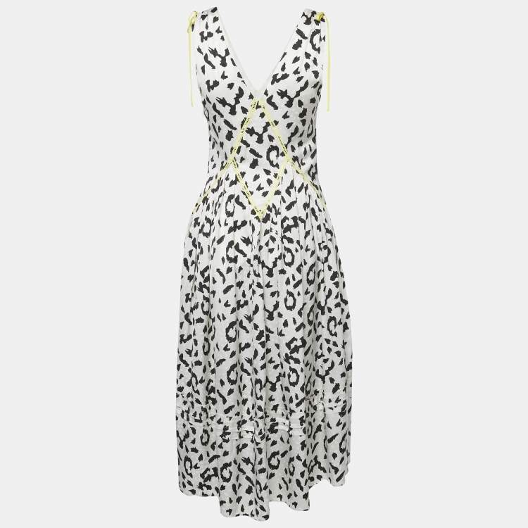 Pre Owned Self-Portrait White Animal Printed Satin Contrast Detail Midi Dress S