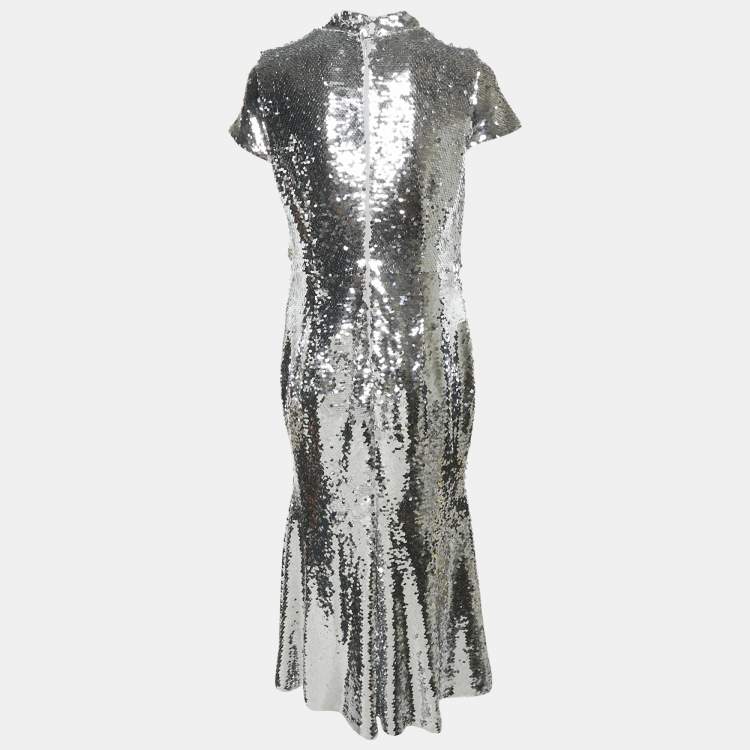 Pre Owned Self-Portrait Silver Sequin Twist Neck Detail Midi Dress M
