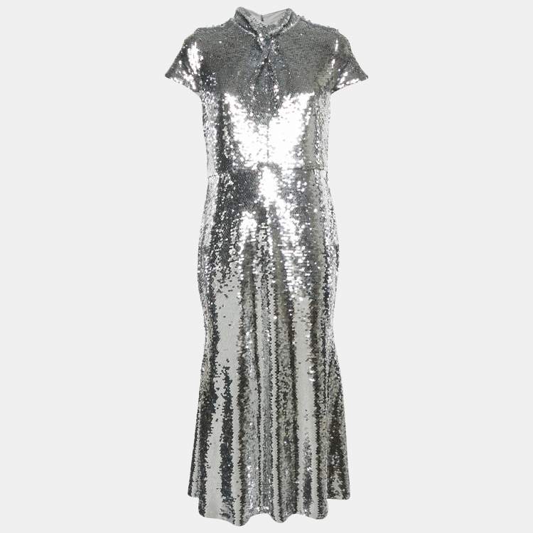 Pre Owned Self-Portrait Silver Sequin Twist Neck Detail Midi Dress M